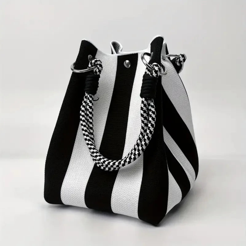 Stylish Striped Handbag, Chic Canvas Bucket Storage Tote Shoulder Bag for Women Casual Outings, Beach, Travel, Everyday Errands
