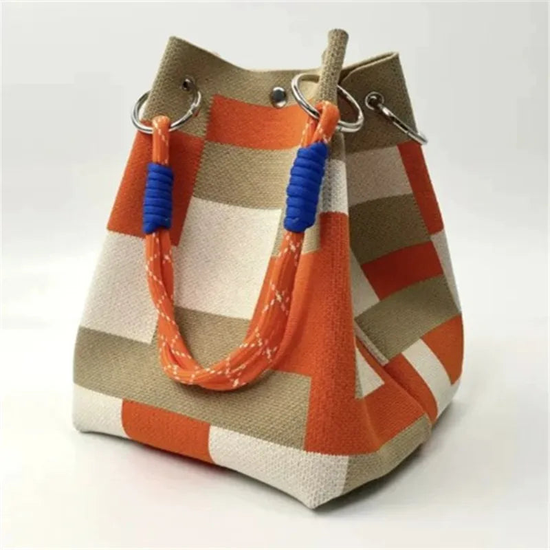 Stylish Striped Handbag, Chic Canvas Bucket Storage Tote Shoulder Bag for Women Casual Outings, Beach, Travel, Everyday Errands