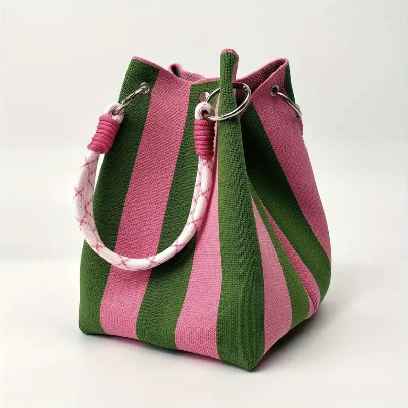 Stylish Striped Handbag, Chic Canvas Bucket Storage Tote Shoulder Bag for Women Casual Outings, Beach, Travel, Everyday Errands
