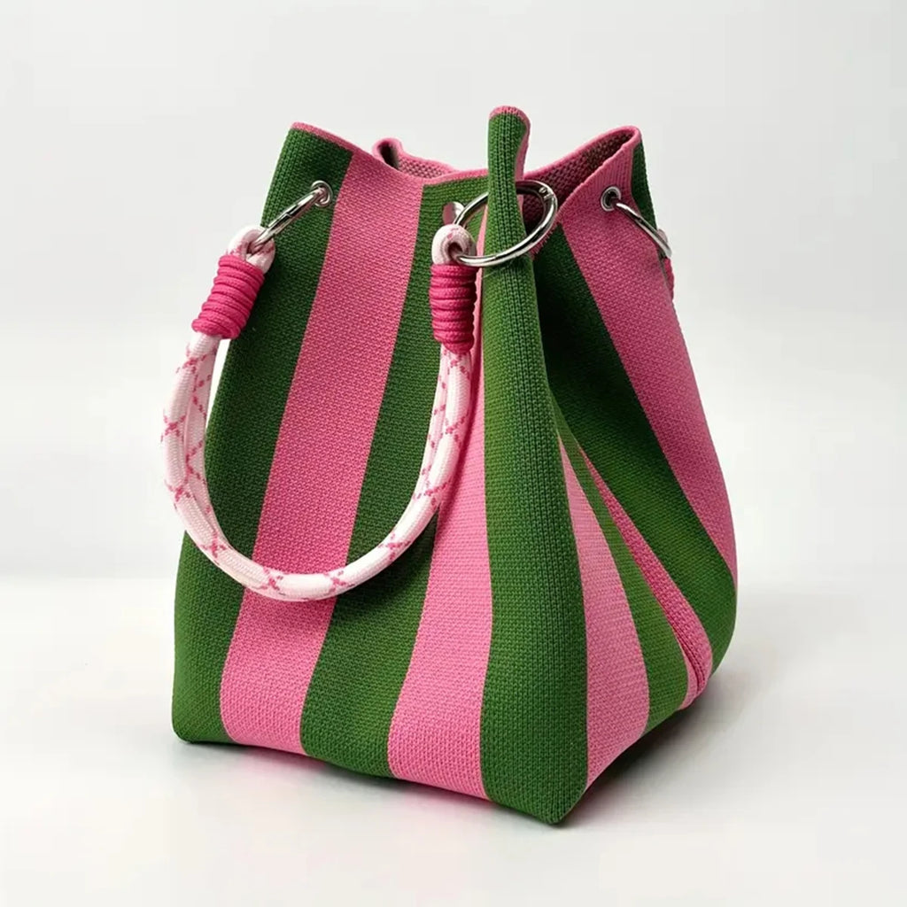 This Multi-Color Knitted Retro Bucket Handbag Is Simple and Color-Blocked, Versatile and Easy to Carry With You