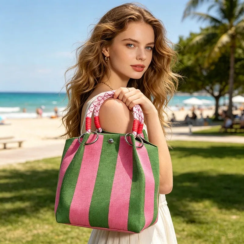 Stylish Striped Handbag, Chic Canvas Bucket Storage Tote Shoulder Bag for Women Casual Outings, Beach, Travel, Everyday Errands