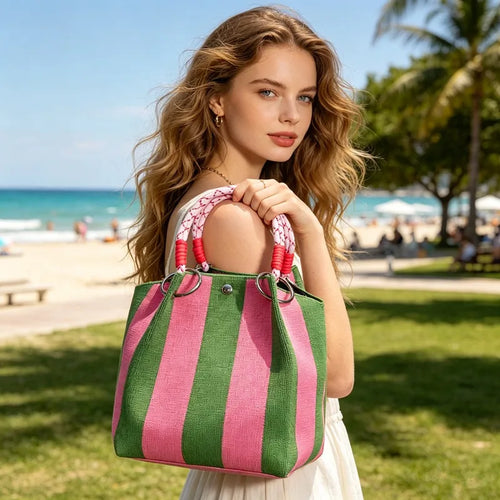 Stylish Striped Handbag, Chic Canvas Bucket Storage Tote Shoulder Bag for Women Casual Outings, Beach, Travel, Everyday Errands