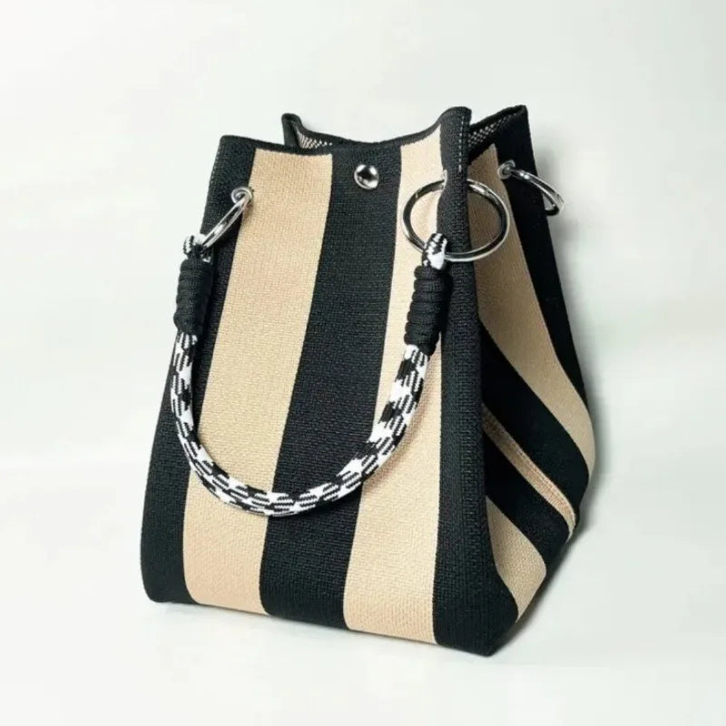 Stylish Striped Handbag, Chic Canvas Bucket Storage Tote Shoulder Bag for Women Casual Outings, Beach, Travel, Everyday Errands