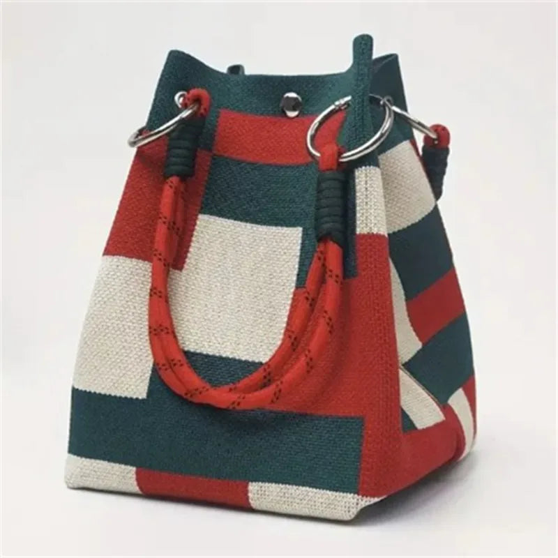 Stylish Striped Handbag, Chic Canvas Bucket Storage Tote Shoulder Bag for Women Casual Outings, Beach, Travel, Everyday Errands
