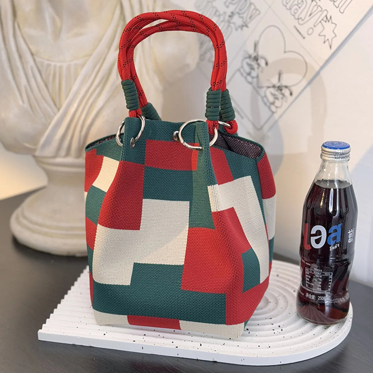 This Multi-Color Knitted Retro Bucket Handbag Is Simple and Color-Blocked, Versatile and Easy to Carry With You