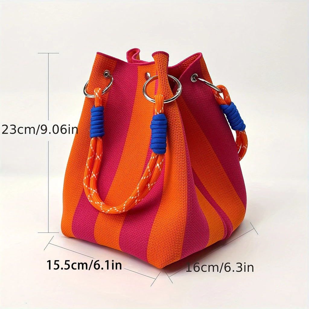 This Multi-Color Knitted Retro Bucket Handbag Is Simple and Color-Blocked, Versatile and Easy to Carry With You