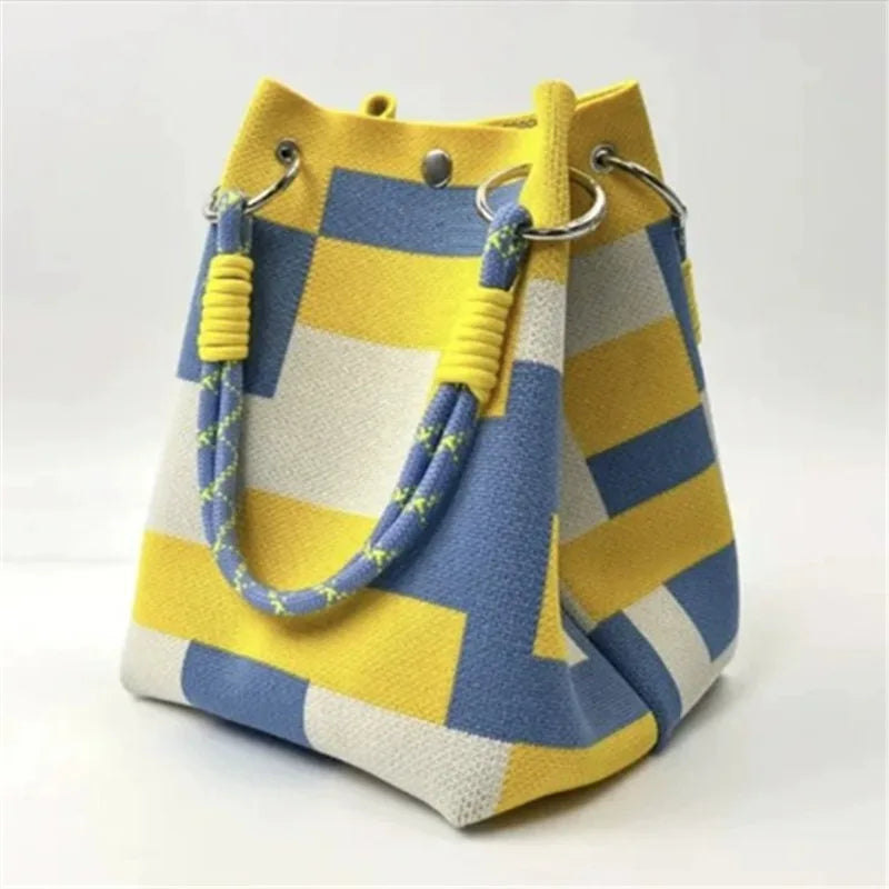Stylish Striped Handbag, Chic Canvas Bucket Storage Tote Shoulder Bag for Women Casual Outings, Beach, Travel, Everyday Errands