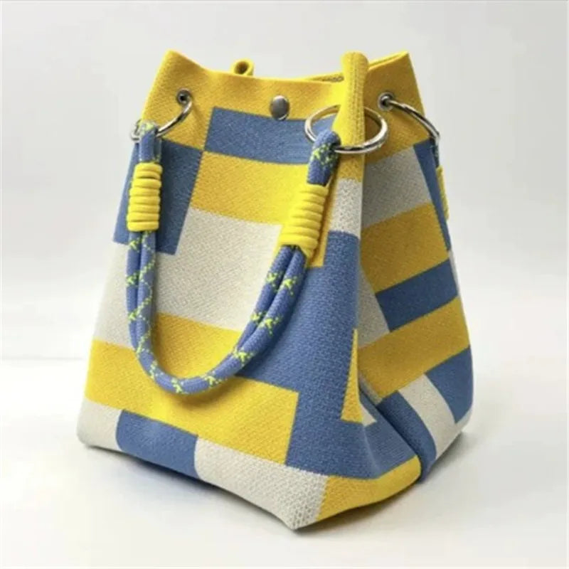 Stylish Striped Handbag, Chic Canvas Bucket Storage Tote Shoulder Bag for Women Casual Outings, Beach, Travel, Everyday Errands