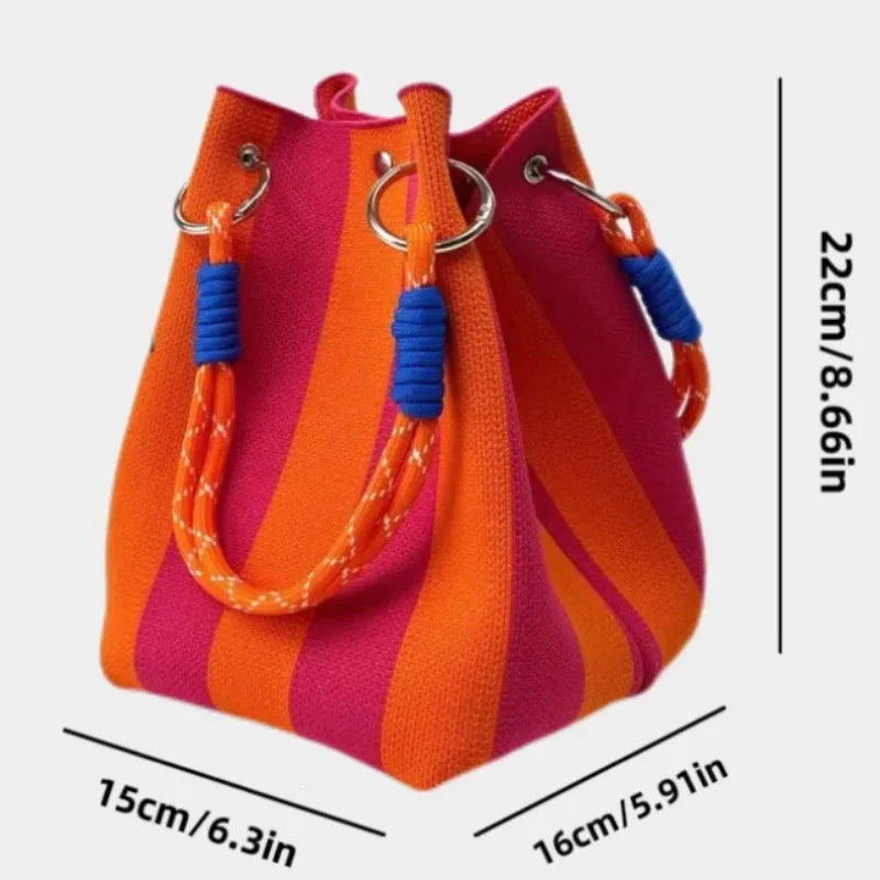 Stylish Striped Handbag, Chic Canvas Bucket Storage Tote Shoulder Bag for Women Casual Outings, Beach, Travel, Everyday Errands